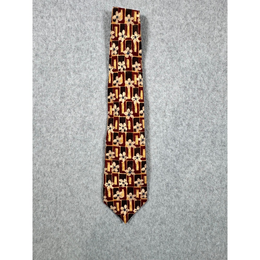 Michael Bogner Mens Silk Tie Burgundy Gold Floral Geometric Pattern 4 Inch Width